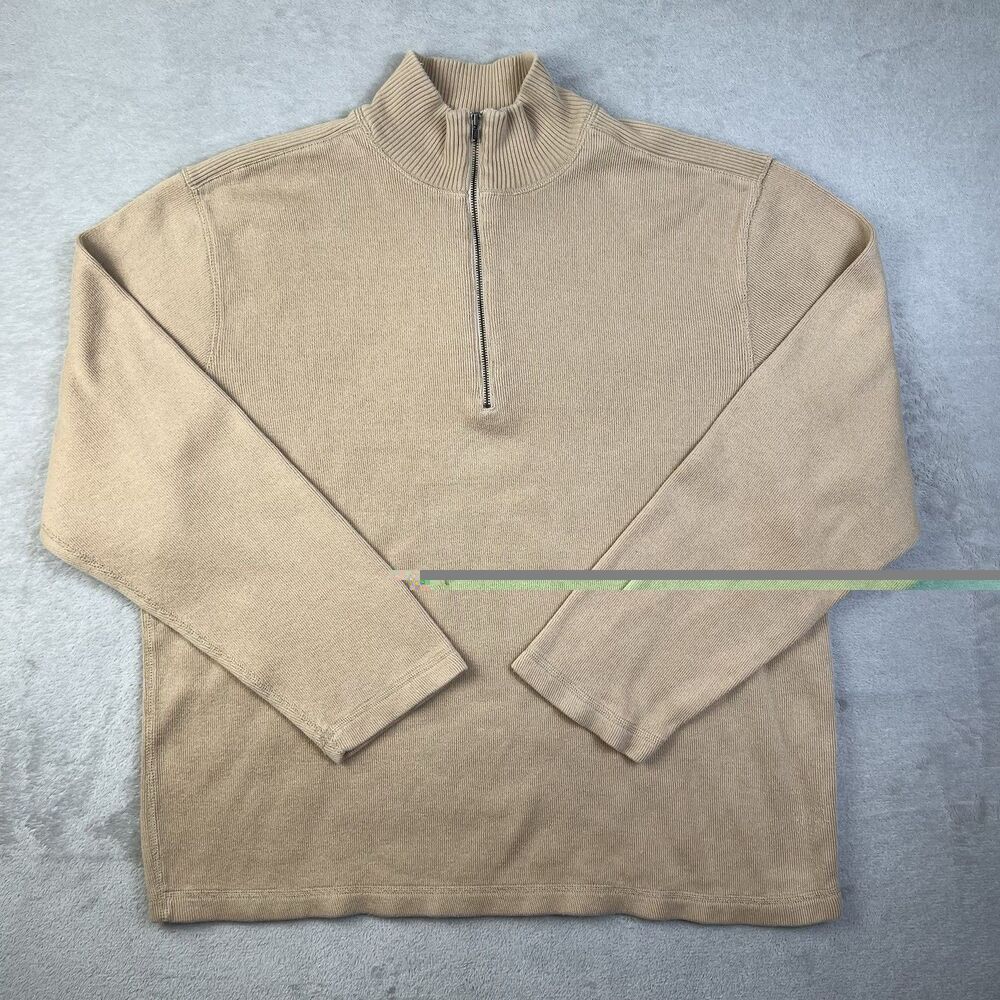 Banana Republic Mens L Quarter Zip Sweater Tan Khaki 100% Cotton Pullover